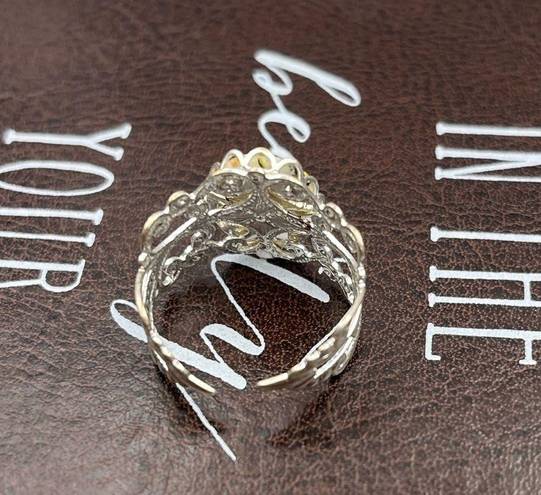 Daisy Vintage 1970s Yellow  Brown Leaf Cabochon Boho Adjustable Silver Tone Ring