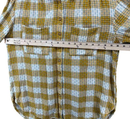Pilcro  Anthropologie Blouse Womens S Yellow Plaid Blue Stitched Button Up Shirt