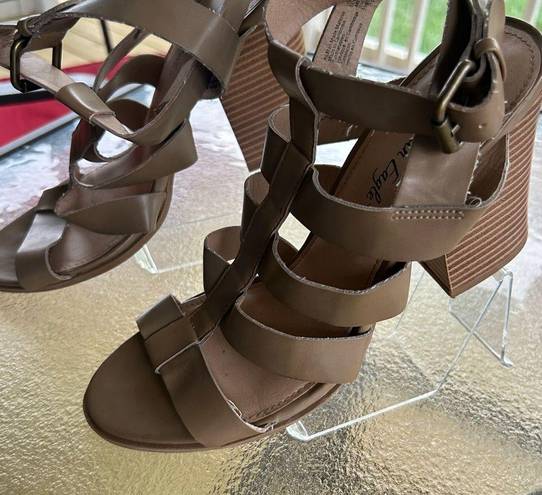 American Eagle  faux leather strappy block heel tan sandals, boho, peep toe, 11M