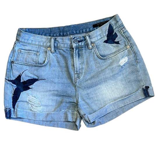 All Saints Women’s Sz 29 Bird Embroidered Light Wash Cotton Denim Cuffed Shorts