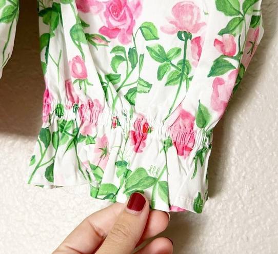 Hill House  The Isabella Top Pink Roses Poplin Puff Sleeve Tie Front Floral