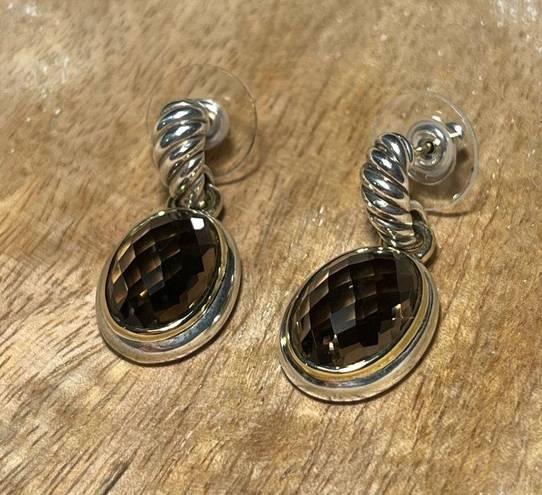 David Yurman  Sterling Silver & 18K Gold Oval Smokey Quartz Drop Dangle Earrings