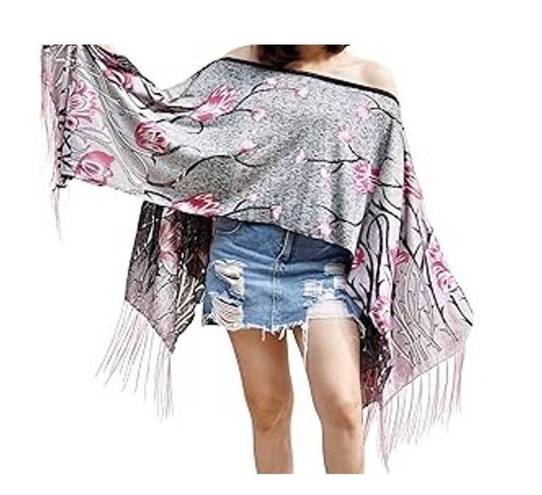 The Moon Pineapple 4 in 1 Shawl Scarf Womens One Size Bohemian Floral Pink Fringe