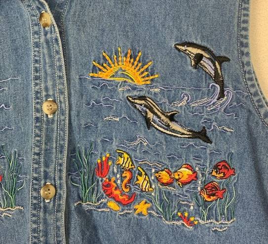 Cabin creek Vintage  denim vest whale aquarium fish vaca resort grandma sea cott