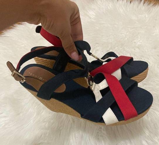 Tommy Hilfiger  wedges heels navy blue white and red logo emblem women’s size 9.5