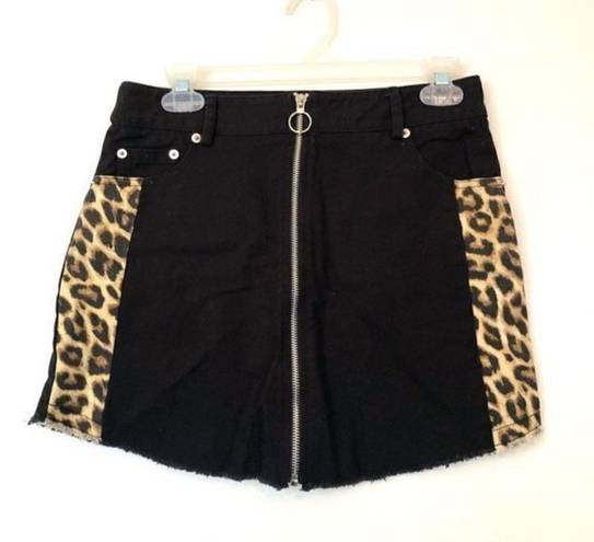 Forever 21  Leopard Panel Denim Skirt Black Tan Cheetah Animal High Waisted Mini