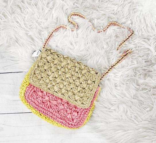 J.Crew  Colorblocked Handwoven Raffia Crossbody Bag Button Closure Chain Strap