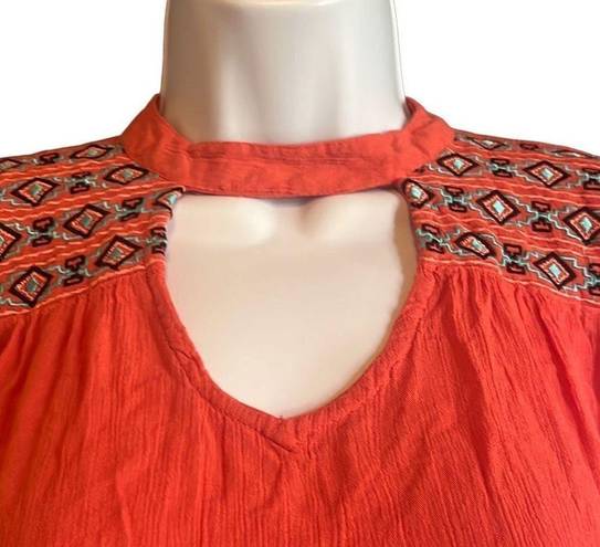Rock & Roll Cowgirl  Womens Small Orange Aztec Embroidered Keyhole Boho Blouse Top