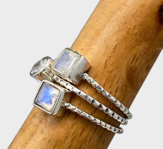 Sterling Silver Rainbow Moonstone Stacker Ring Trio - Sz 6