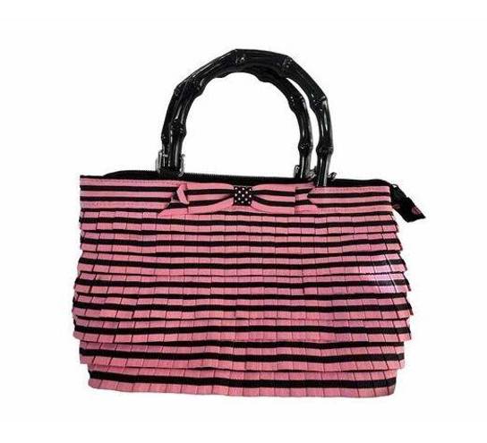 Sonoma Pink & Black Stripe Small Party Purse Black Bamboo Handles Handbag  See*