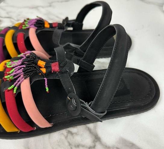 Farm Rio NEW  Black Beaded Rainbow Tube Strap Boho Beaded Tassel Sandals Size 11