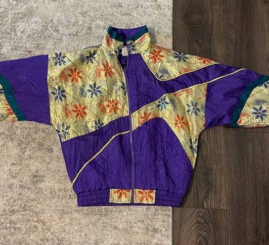 VINTAGE Katana Metallic Gold Purple Floral Jacket 80s Size Medium Windbreaker