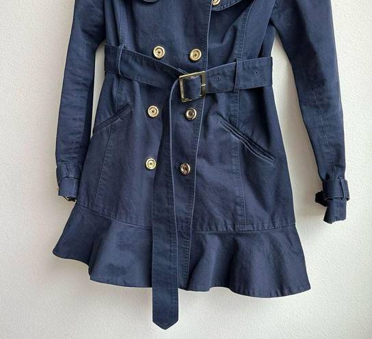 Juicy Couture  Navy Double Breasted Trench Coat Ruffle Hem Size XS Gold Buttons