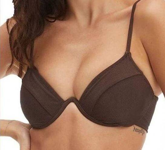 Good American  Showoff Curve Underwire Brown Ribbed Bikini Top Size 3 Large