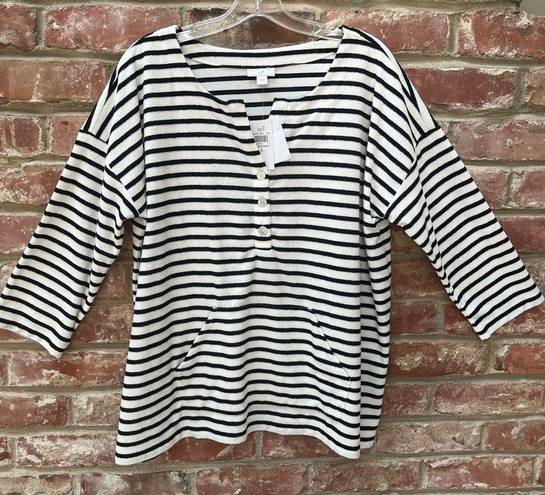 J.Jill  Top Stripe White Navy French Terry Kangaroo Pocket Coastal Grandma Large