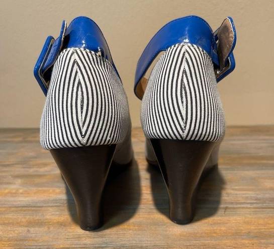 mix no. 6  Striped Wedge Heels Blue White Party Ankle Straps Womens 7