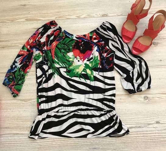 Joseph Ribkoff  Black White Coral Green Blouse