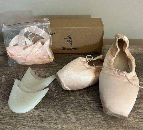 Bezioner Light Pink Pointe Ballet Shoes With Ribbons & Silicone Toe Covers Sz 7