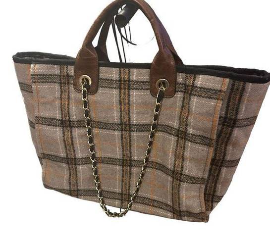 Krass&co Jen &  Oversized plaid retro flannel tote bag, chain straps, 90s, academia