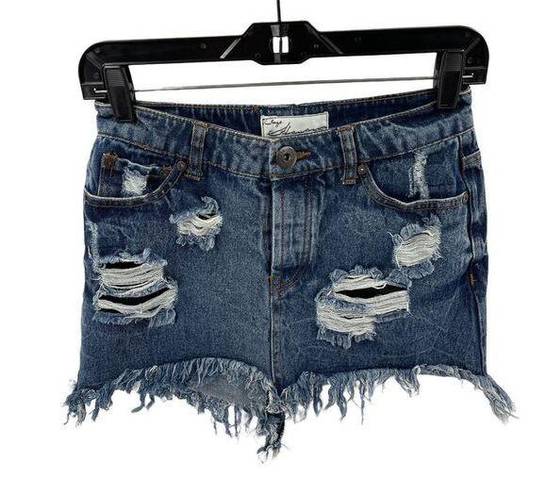 Vintage Havana  distressed mini skirt button fly denim jean blue 4 26 S