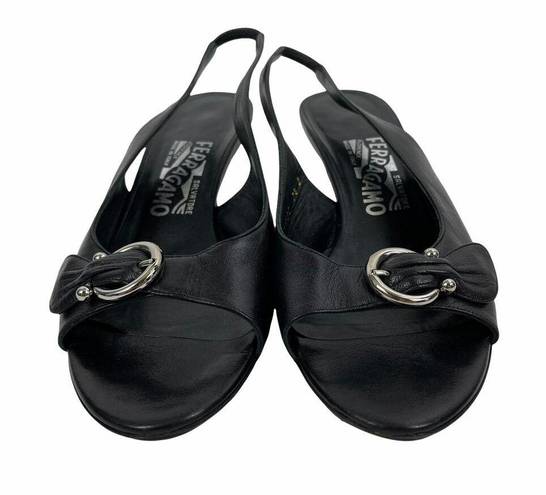 Salvatore Ferragamo  Black Gancini Slingback Sandals Peep Toe Size 7.5B