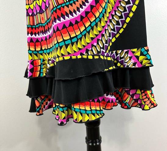 Tiana B  Black Colorful Mosaic Sunset Print Ruffle Hem Sleeveless Dress Sz S