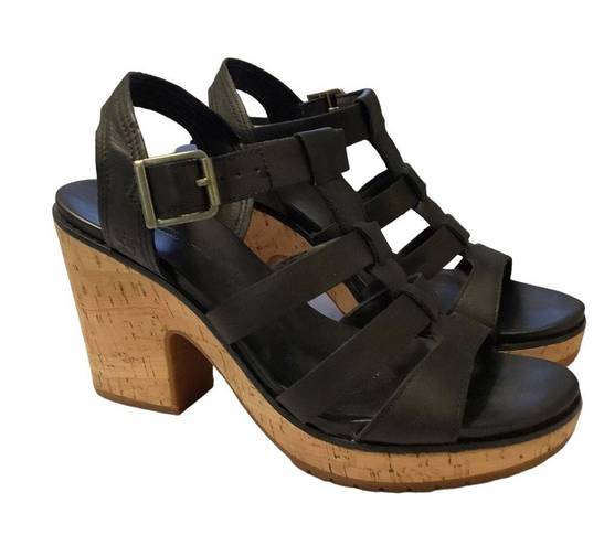 Timberland  Roslyn Strappy Leather Cork Platform Sandals Chunky Heel Black Sz 10