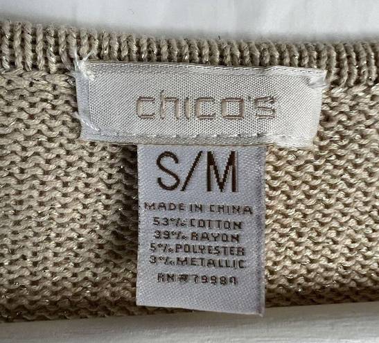 Chico's  Women’s Size S / M Poncho Sweater Beige Gold Metallic V-Neck Short Sleeve