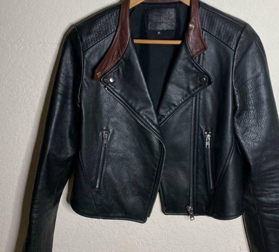 Paige NWOT  black leather / silk jacket with brown collared lining (‎ XS )