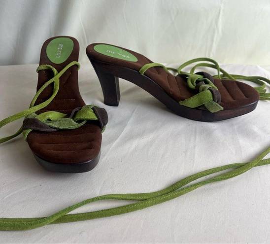 Me Too  Lace Up Heels Suede Leather Wood Block Heel Green Brown Boho Fairy 8.5