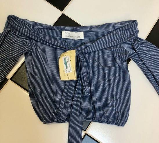 Vintage Havana NWT  Blue Striped Off the Shoulder Bell Sleeve Crop Top size Small