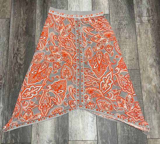 INC International Concepts Shark Bite Paisley Hem MIDI Skirt Orange Gray Size L