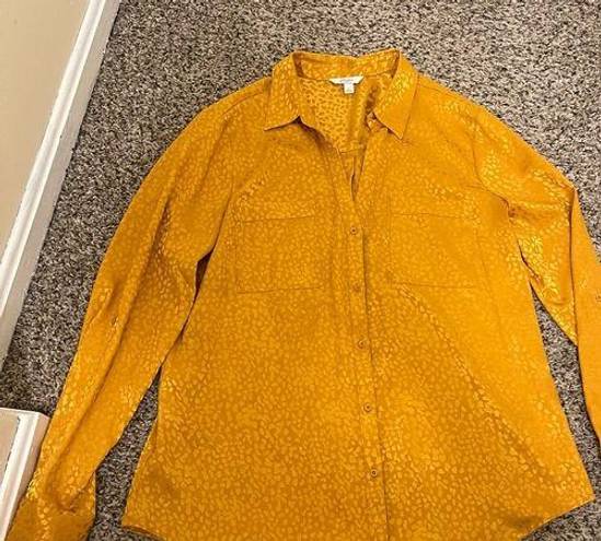 Candie's  Button Up Chiffon Yellow Gold Leopard Blouse Size Large