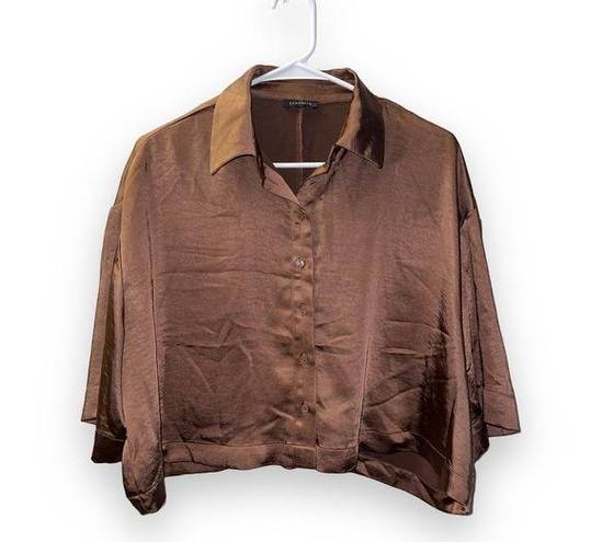 Dynamite  Brown Short Sleeve Silky Satin Flowy Button Up Shirt size petite small