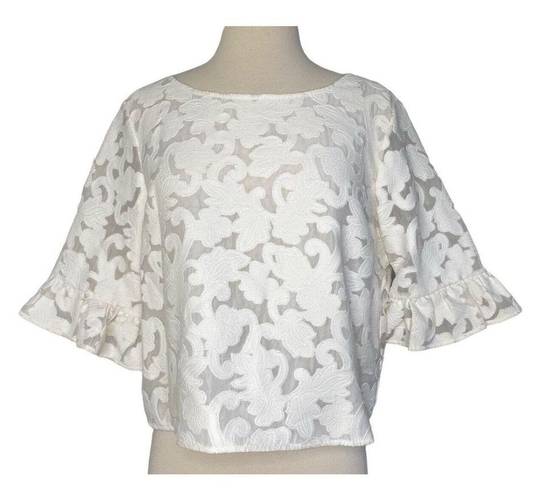 Rebecca Minkoff  ISABELLA LACE EMBROIDERED RUFFLED WHITE BOXY BLOUSE TOP SIZE L