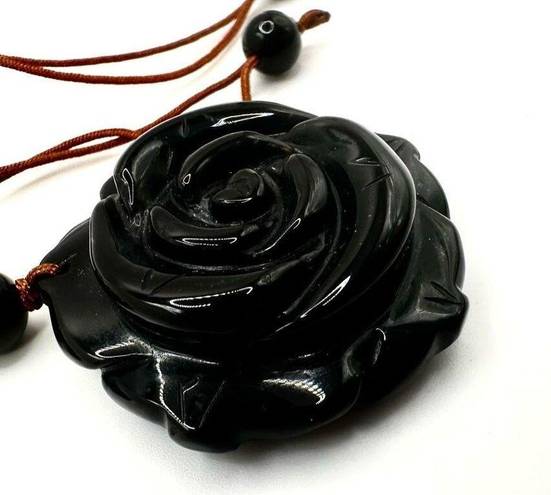Onyx black  flower beaded pendant necklace on cord