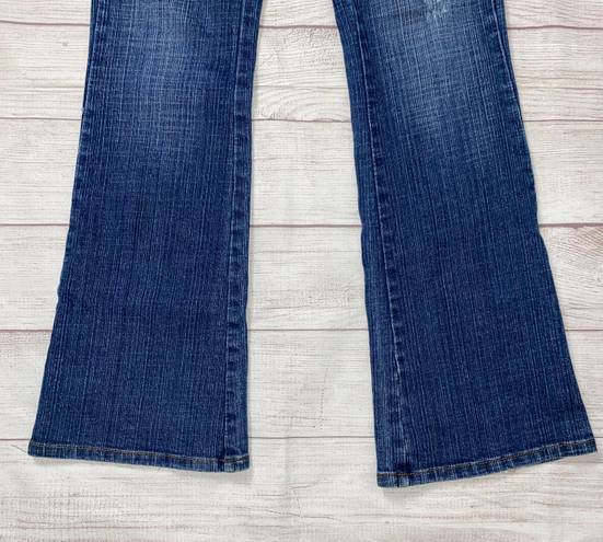 Cache cotton blend lightly distressed flare leg jeans w/embroidery blue sz 6