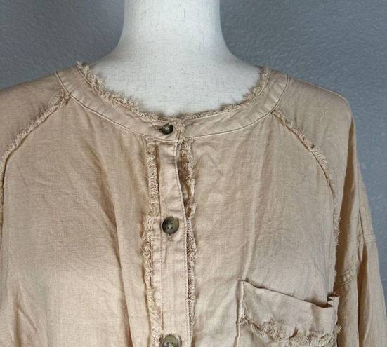 We The Free  People Women Keep It Simple Button Up Top L Large Peach Frayed Linen