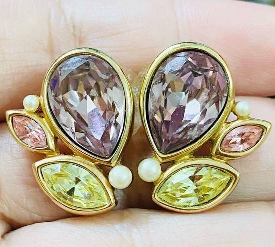 Swavorski Swarovski Swan Multicolor Goldtone Faux Pearl Purple Green Pink Stud Earrings