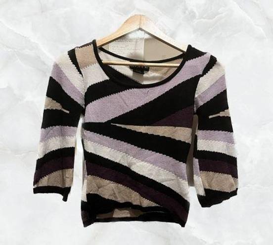 Mixit Purple, Black, Tan, and White Striped Half Sleeve Blouse Made in Korea