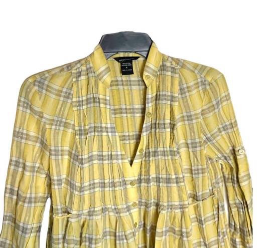 Moda International Gold, Gray, White Plaid w Gold Metallic Threading Shirt Wm S