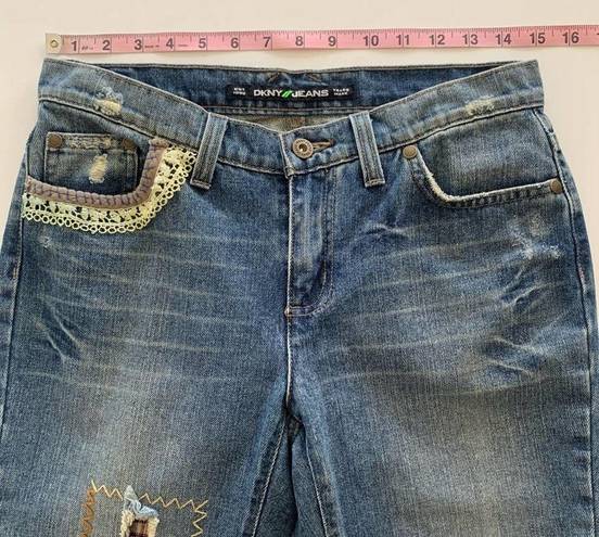 DKNY  Ludlow Cropped Boyfriend Fit Denim Pants Distressed Patches & Lace Jeans 2