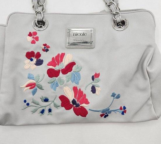 Nicole Miller  Faux Leather White Shoulder Bag Floral Embroidery Purse Hand Bag