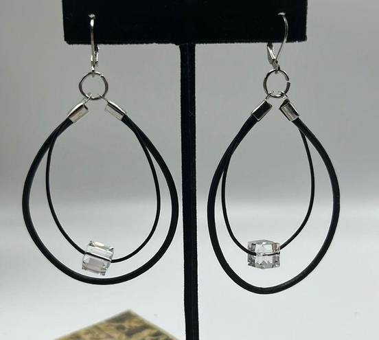 Swavorski Swarovski Crystal Black Two Leather Cord Dangle Earrings-  Handmade NEW