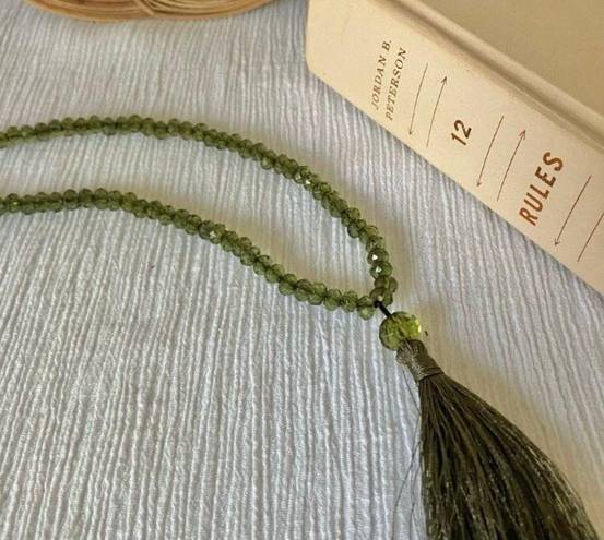 American Vintage Vintage “Ophelie” Green Crystal Tassel Feather Necklace Olive Emerald Rhinestone