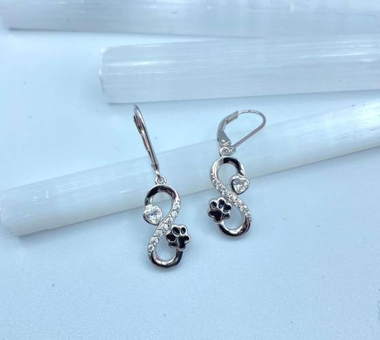 infinity Pet Paw  Sterling Silver CZ Heart Earrings Lever Back