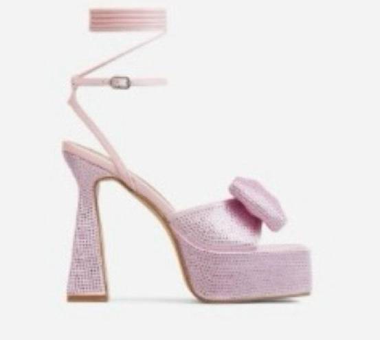 EGO Dolls Kill  Barbie Pink Taste Diamante Bow Square Platform Lace Up Sandals