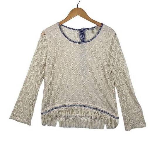 BKE Vintage  Cream Lace Crochet Long Sleeve Fringe Hem Sweater Top Size Medium