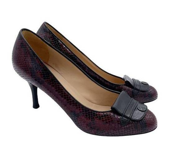 Longchamp  Women's Burgundy Red Snakeskin Embossed Logo High Heels Pumps 37