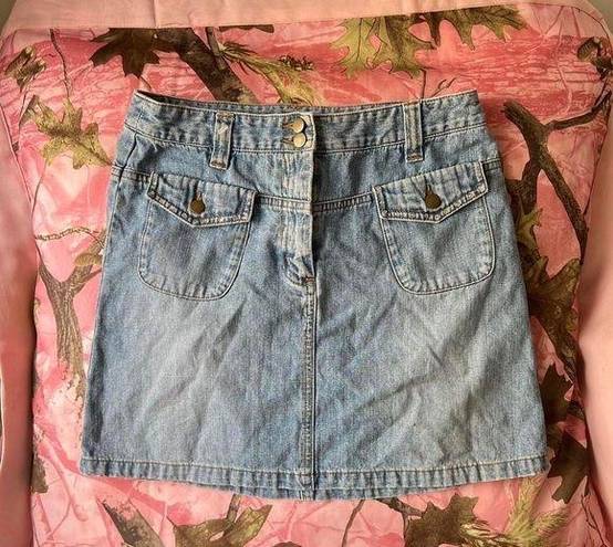 Talbots y2k denim mini skirt with rhinestone details and front pockets